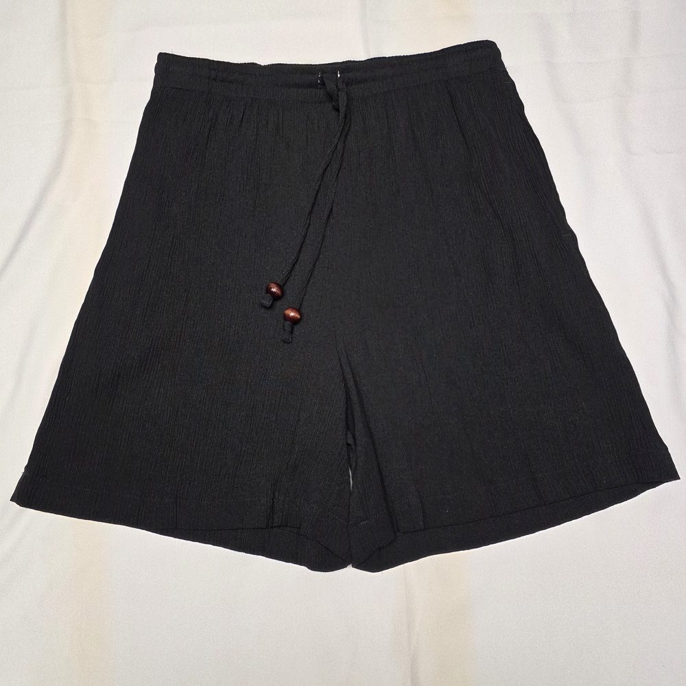 Vintage Black Crepe Womens High Waist Drawstring Casual Shorts